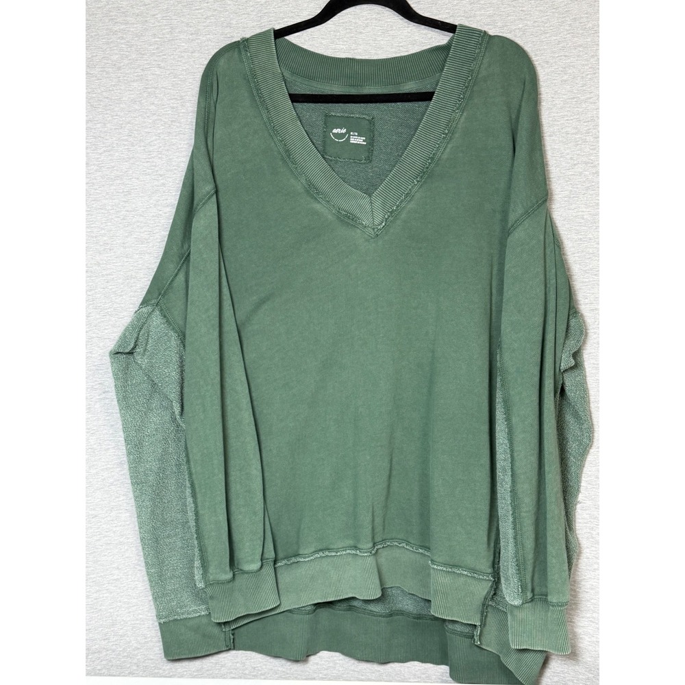 Aerie Womens XL Oversized V-Neck Sweatshirt Green French Terry Pullover